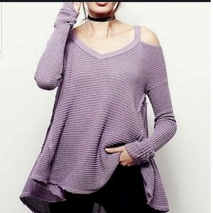 Free People Lilac Cold Shoulder Top Waffle Knit Boho Flowy Sweater XS TP Y2K